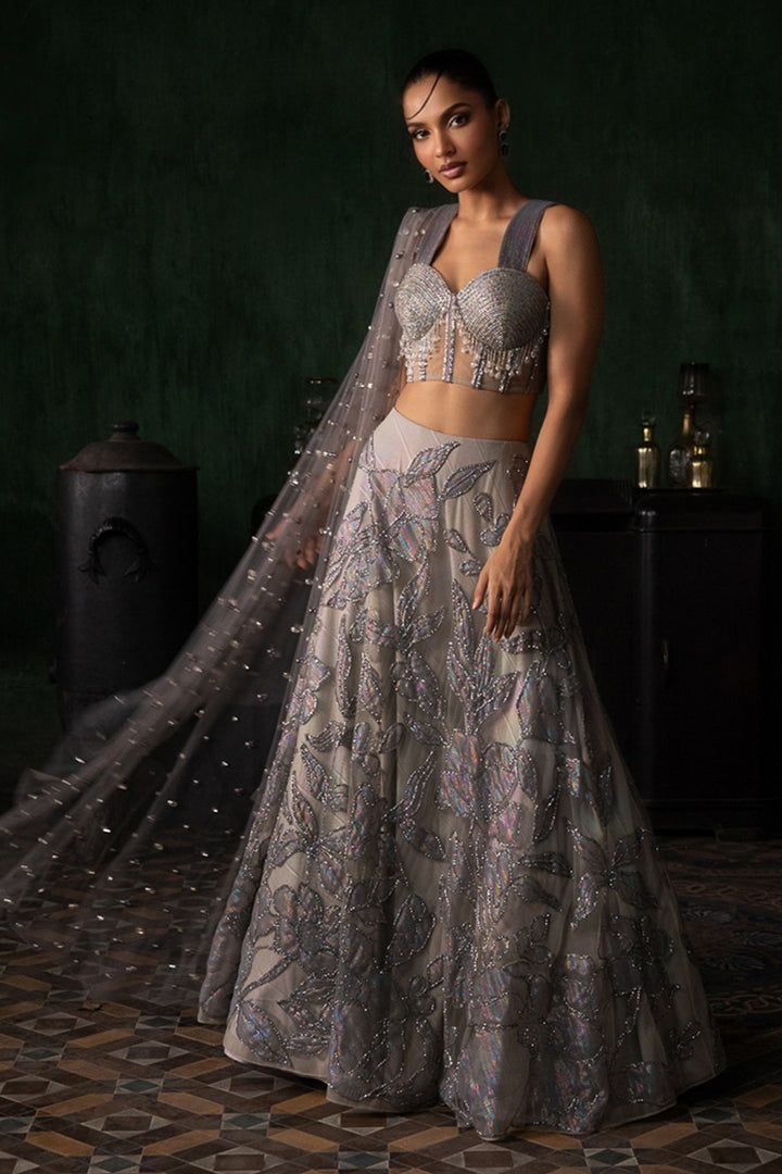 Grey Applique Lehenga With Corset And Armhole Dupatta