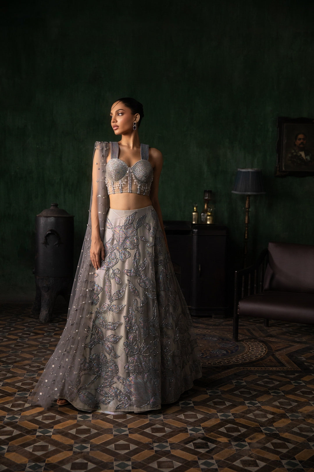 Grey Applique Lehenga With Corset And Armhole Dupatta