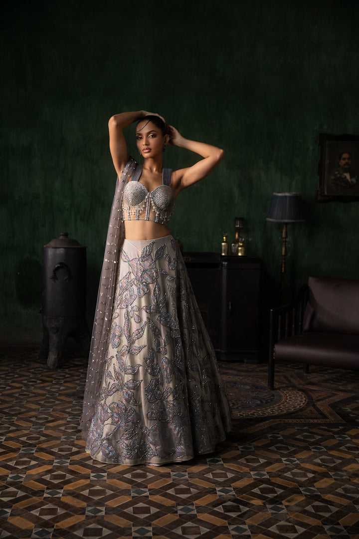 Grey Applique Lehenga With Corset And Armhole Dupatta