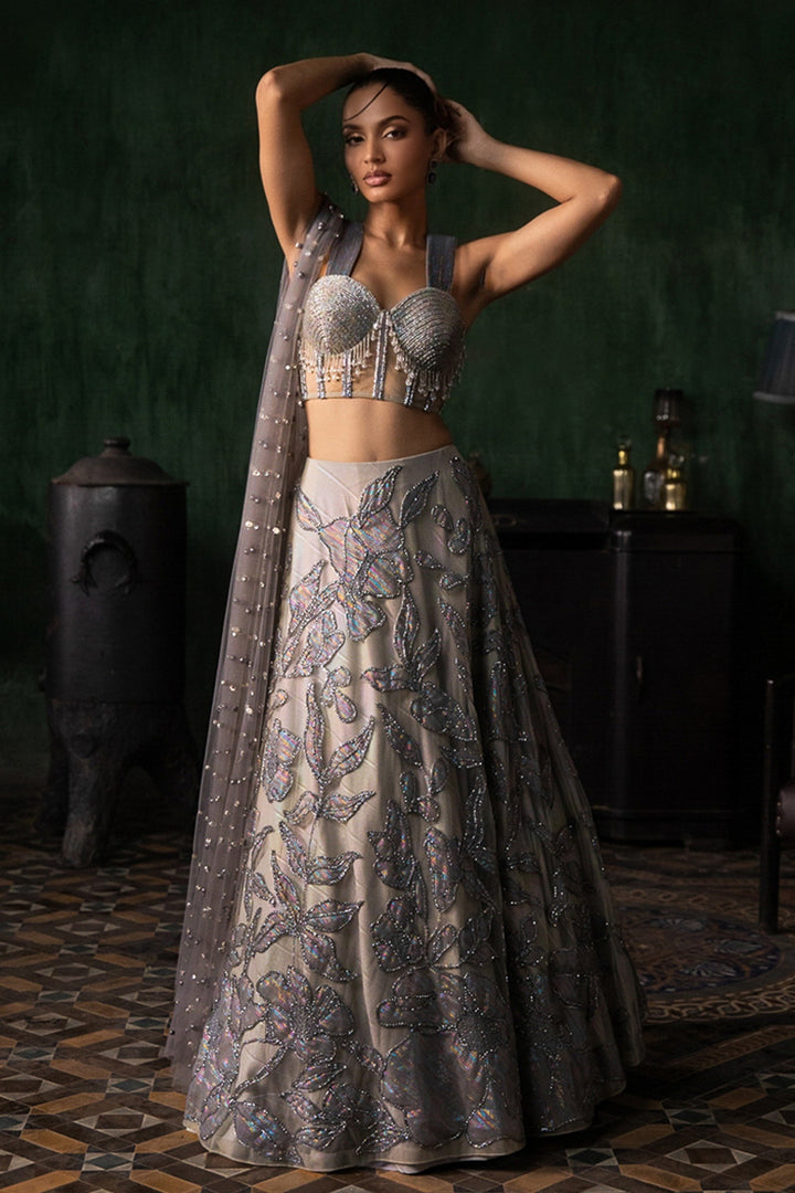 Grey Applique Lehenga With Corset And Armhole Dupatta