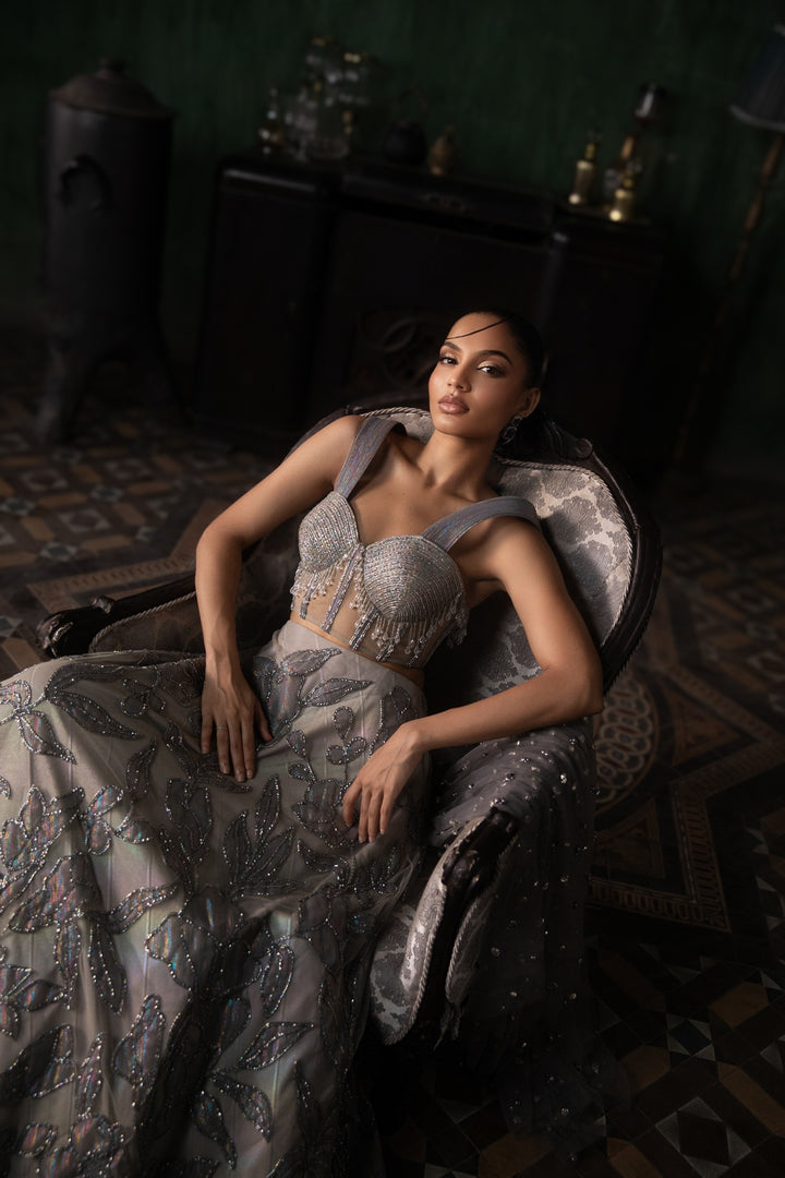 Grey Applique Lehenga With Corset And Armhole Dupatta