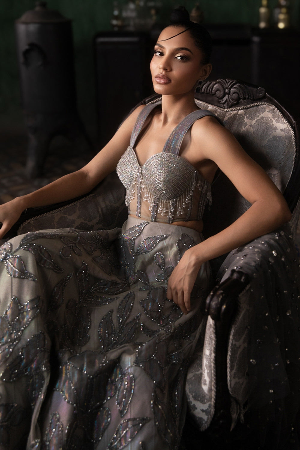 Grey Applique Lehenga With Corset And Armhole Dupatta