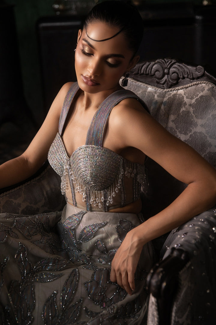 Grey Applique Lehenga With Corset And Armhole Dupatta