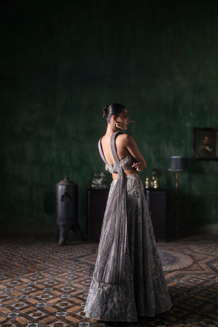 Grey Applique Lehenga With Corset And Armhole Dupatta