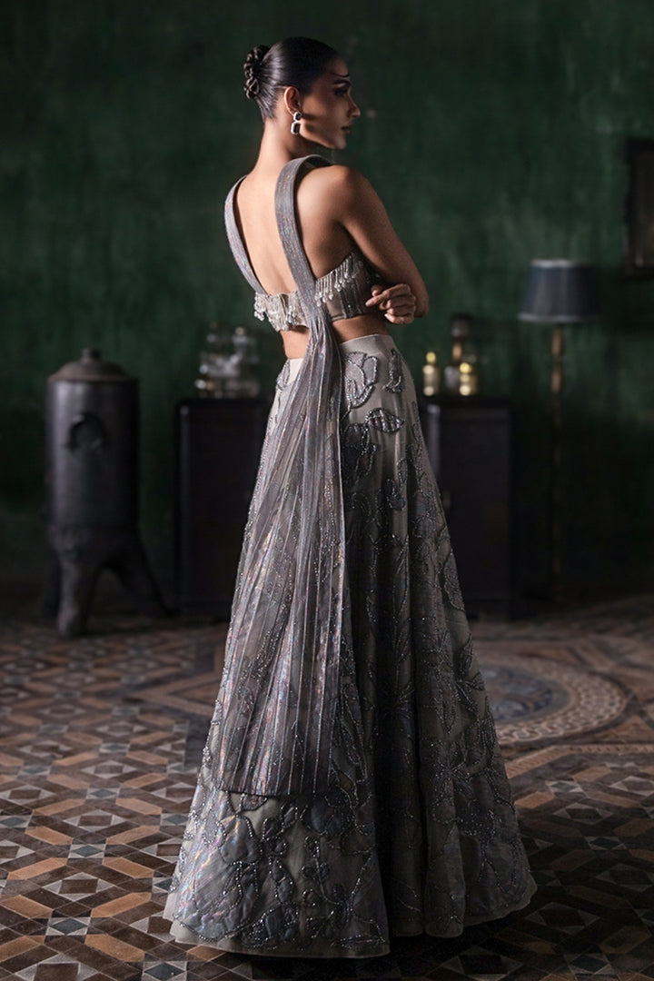 Grey Applique Lehenga With Corset And Armhole Dupatta