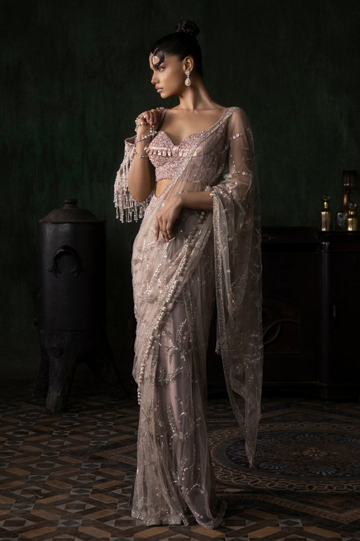 Stone Saree With Sequenced Blouse (Pre-stitched)