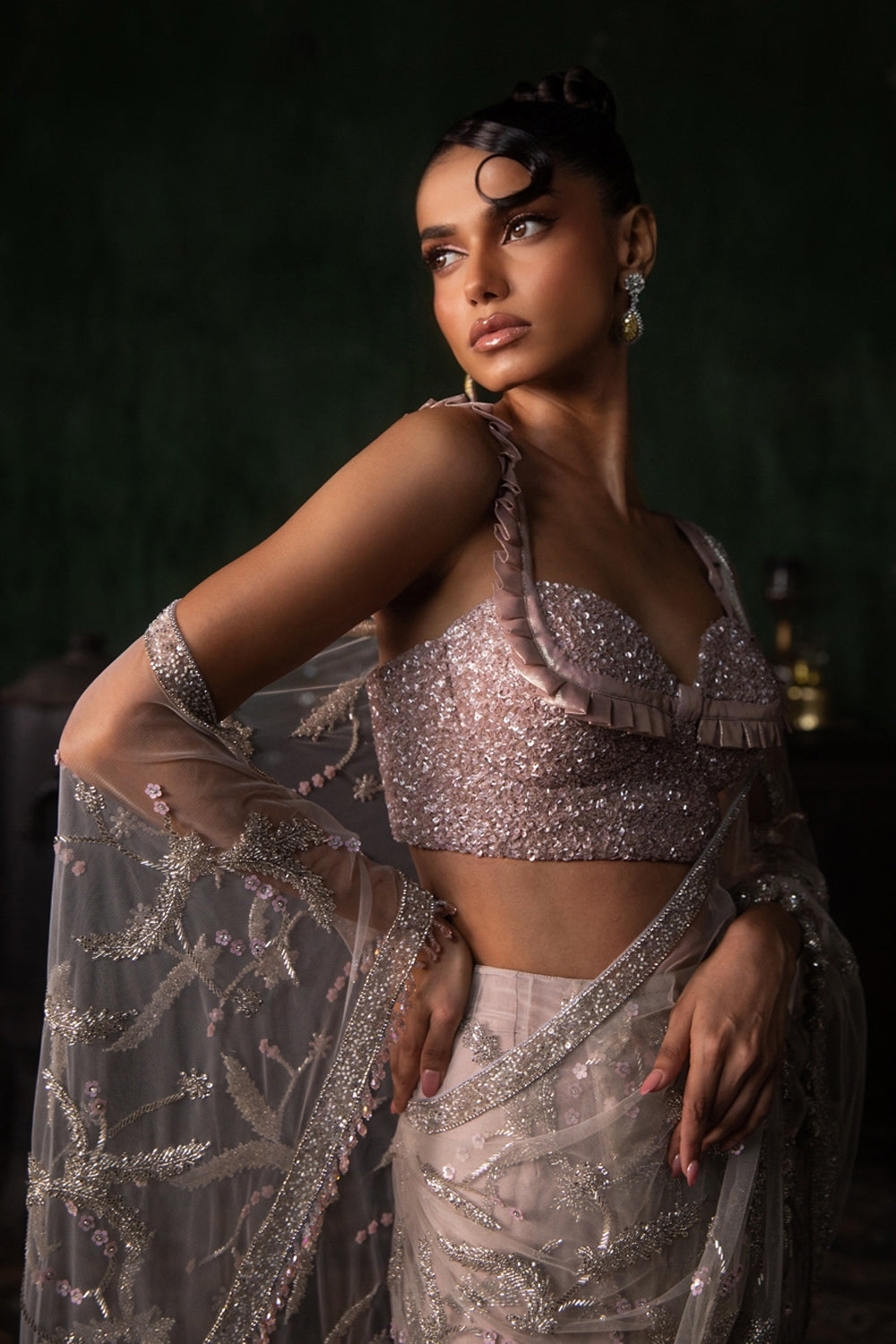 Stone Saree With Sequenced Blouse (Pre-stitched)