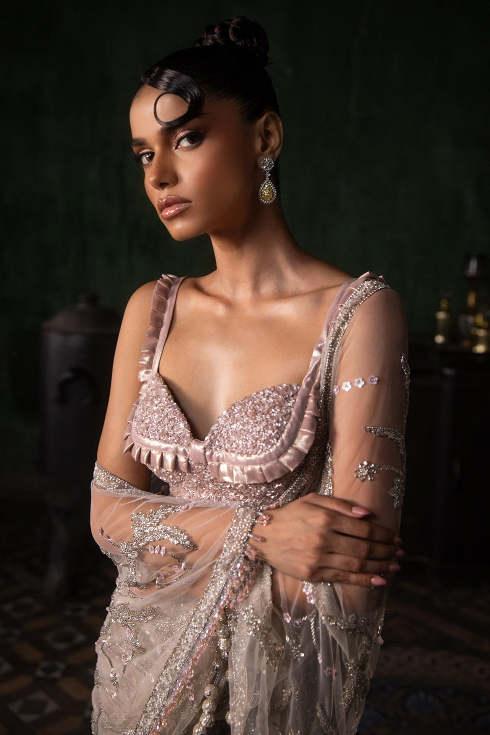 Stone Saree With Sequenced Blouse (Pre-stitched)