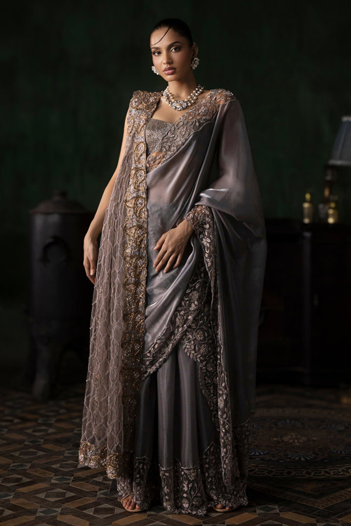 Grey Organza Pant Saree With Tulle Stole (Pre-stitched)