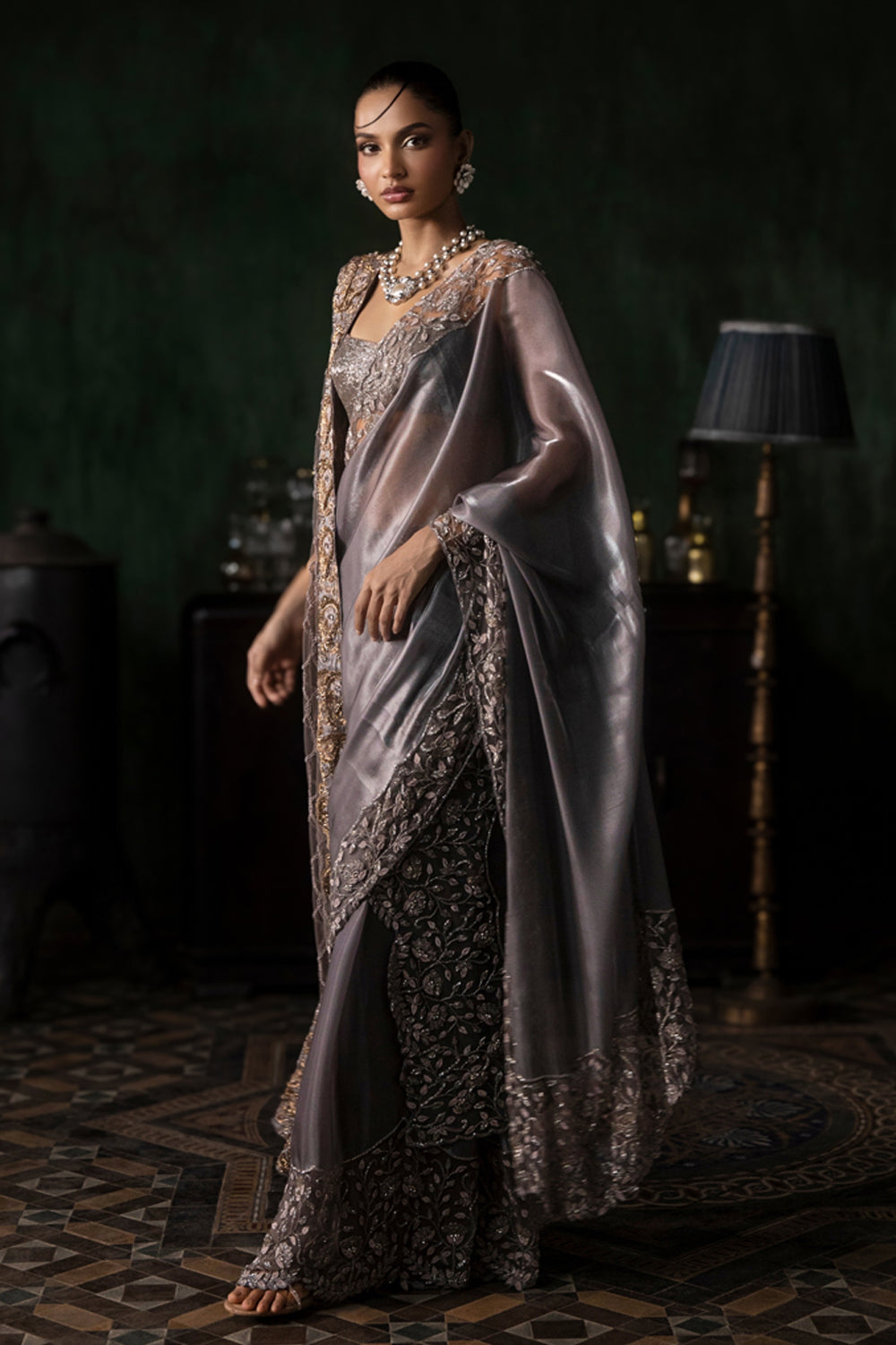 Grey Organza Pant Saree With Tulle Stole (Pre-stitched)