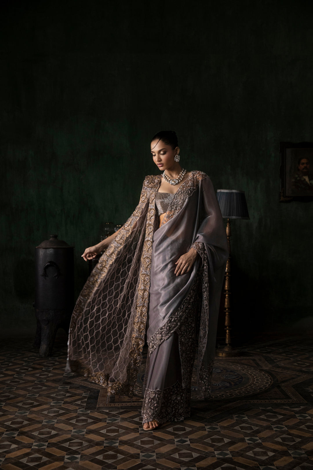 Grey Organza Pant Saree With Tulle Stole