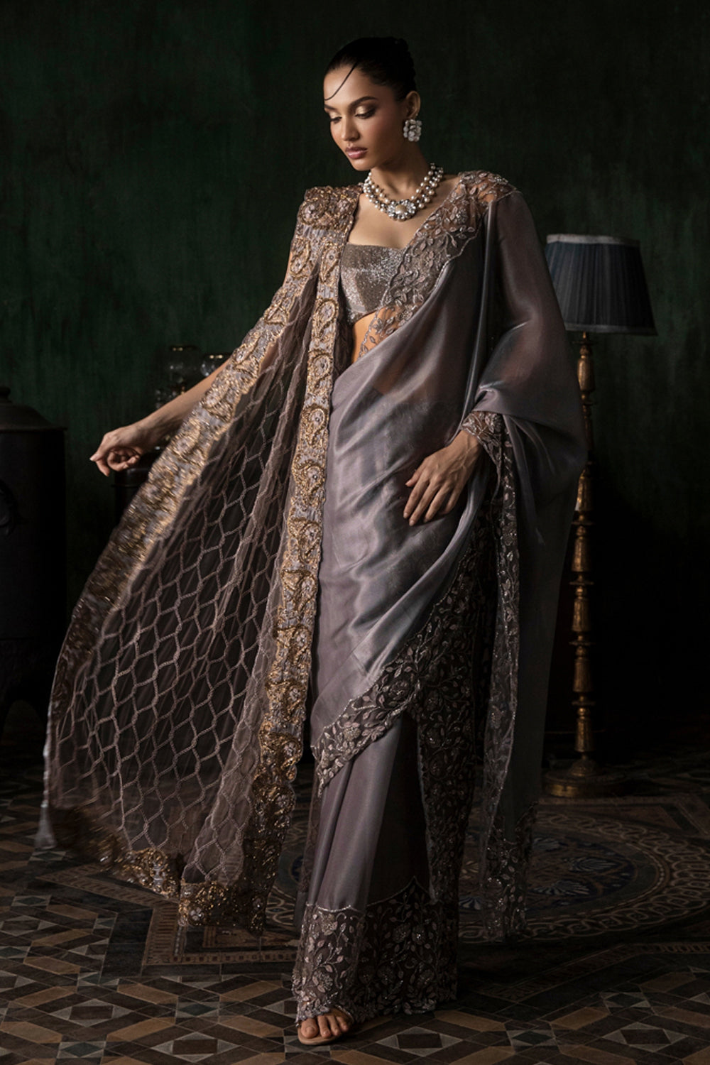 Grey Organza Pant Saree With Tulle Stole (Pre-stitched)