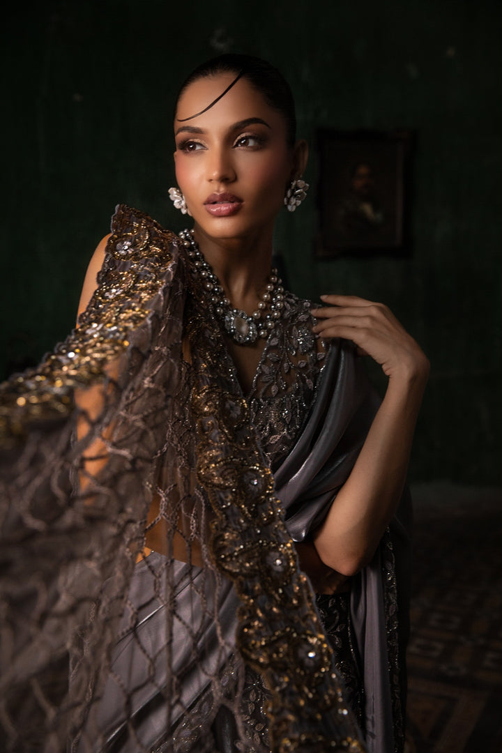 Grey Organza Pant Saree With Tulle Stole