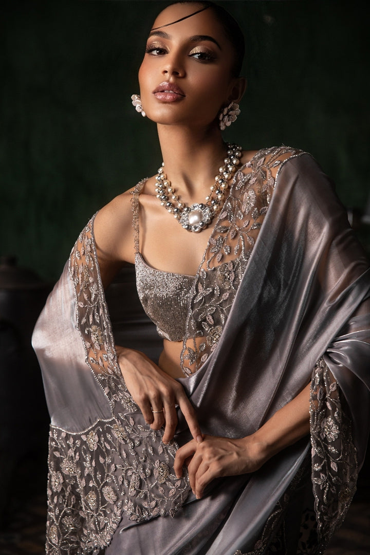 Grey Organza Pant Saree With Tulle Stole (Pre-stitched)