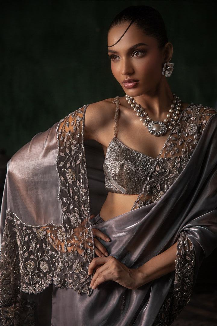 Grey Organza Pant Saree With Tulle Stole (Pre-stitched)