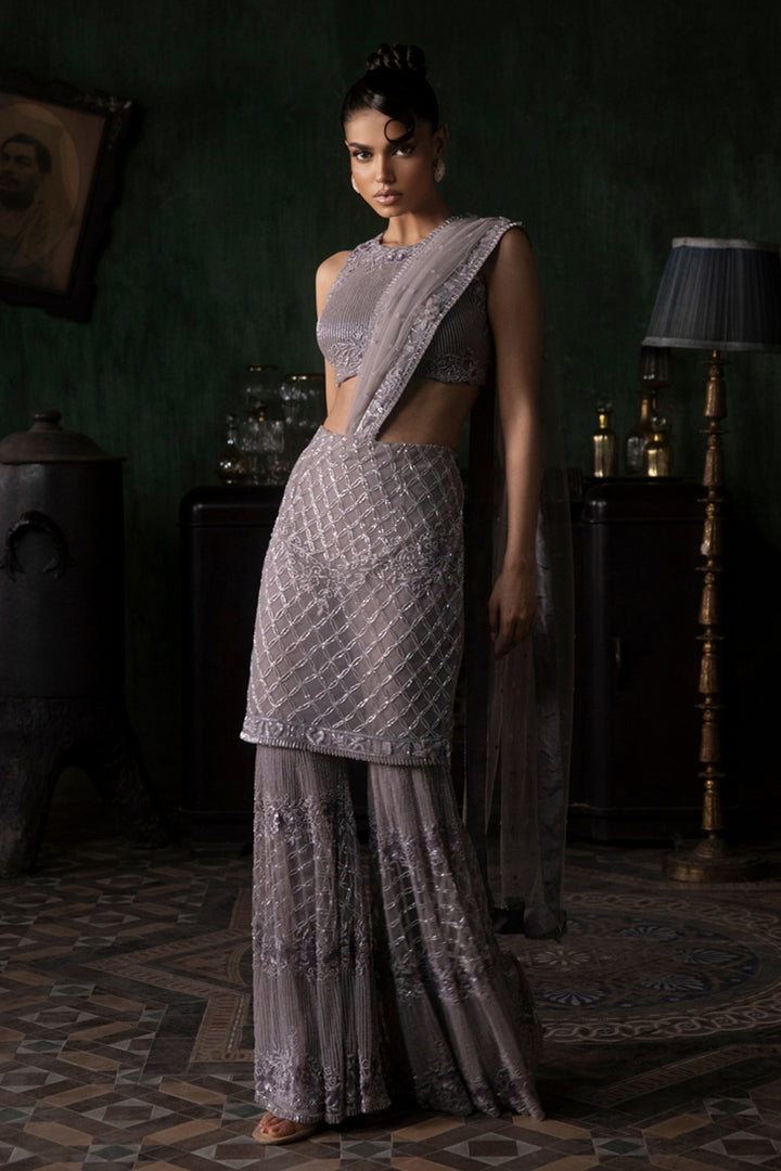 Mauve Skirt Sharara Saree With Halter Neck Blouse