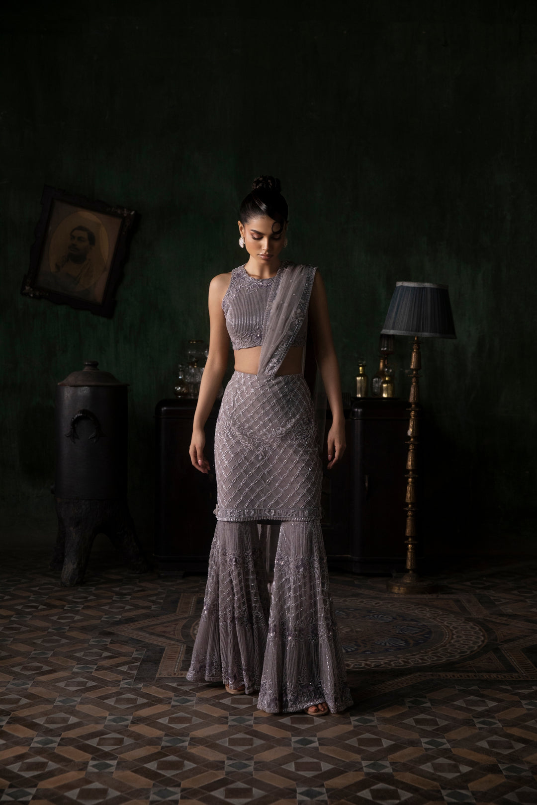 Mauve Skirt Sharara Saree With Halter Neck Blouse