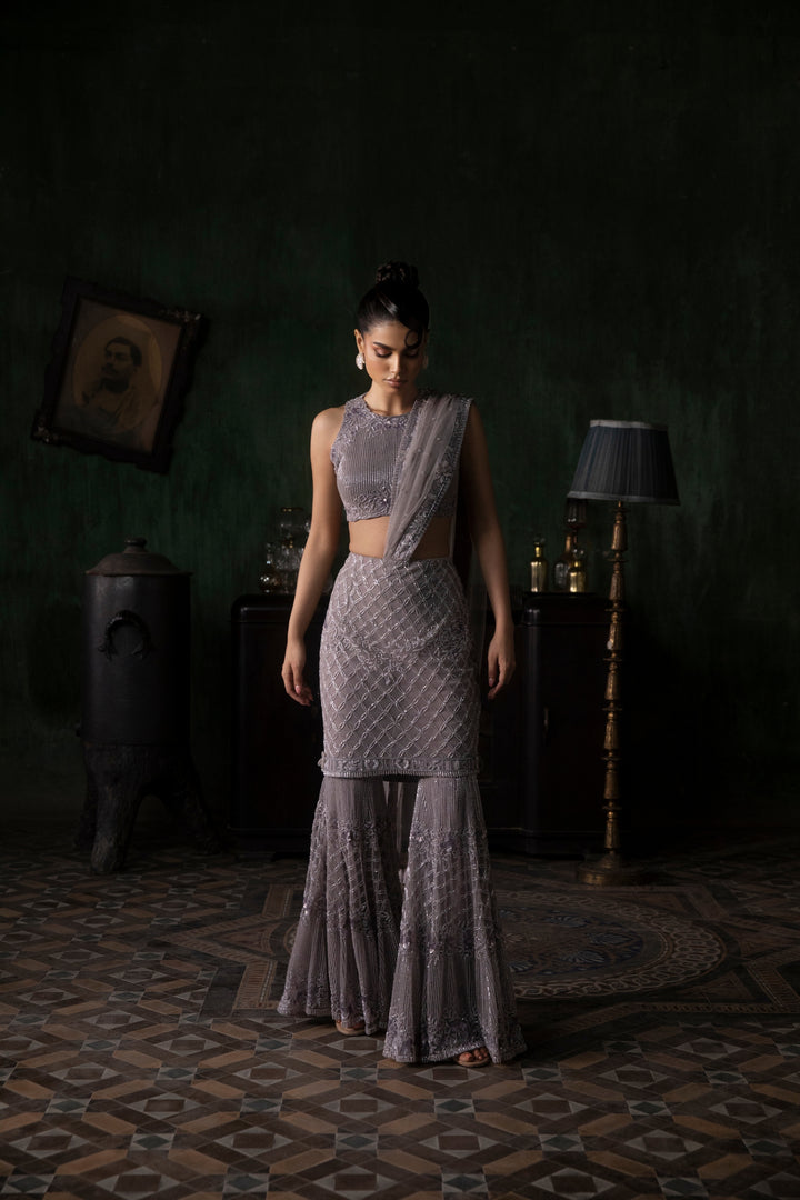 Mauve Skirt Sharara Saree With Halter Neck Blouse