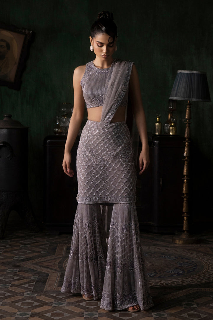Mauve Skirt Sharara Saree With Halter Neck Blouse