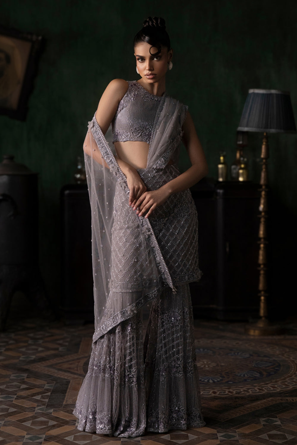 Mauve Skirt Sharara Saree With Halter Neck Blouse