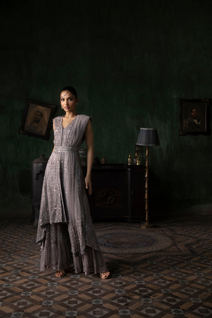 Mauve Sharara Set With Asymetrical Hemline