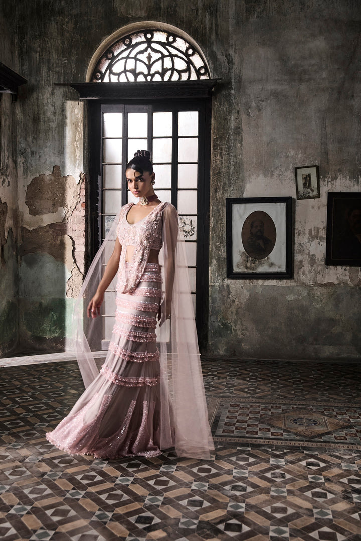 Old Rose Crystal Embellished Skirt With Draped Blouse