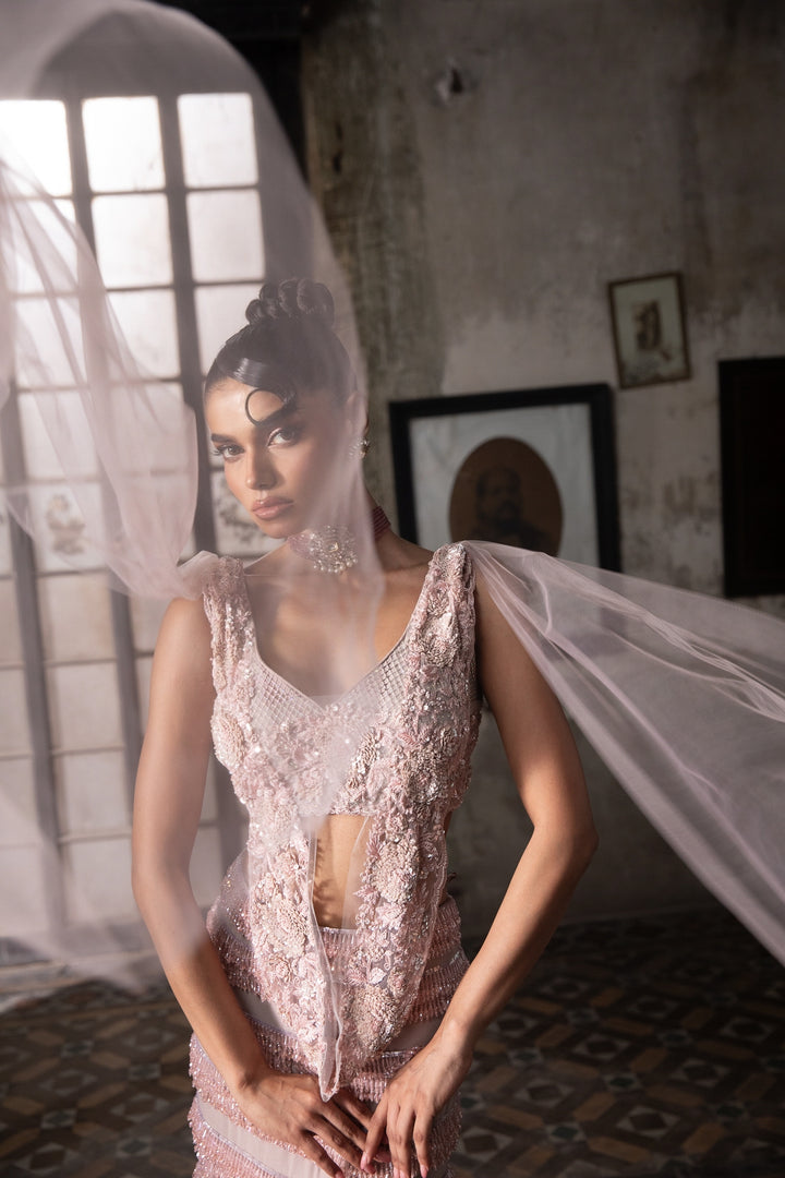 Old Rose Crystal Embellished Skirt With Draped Blouse