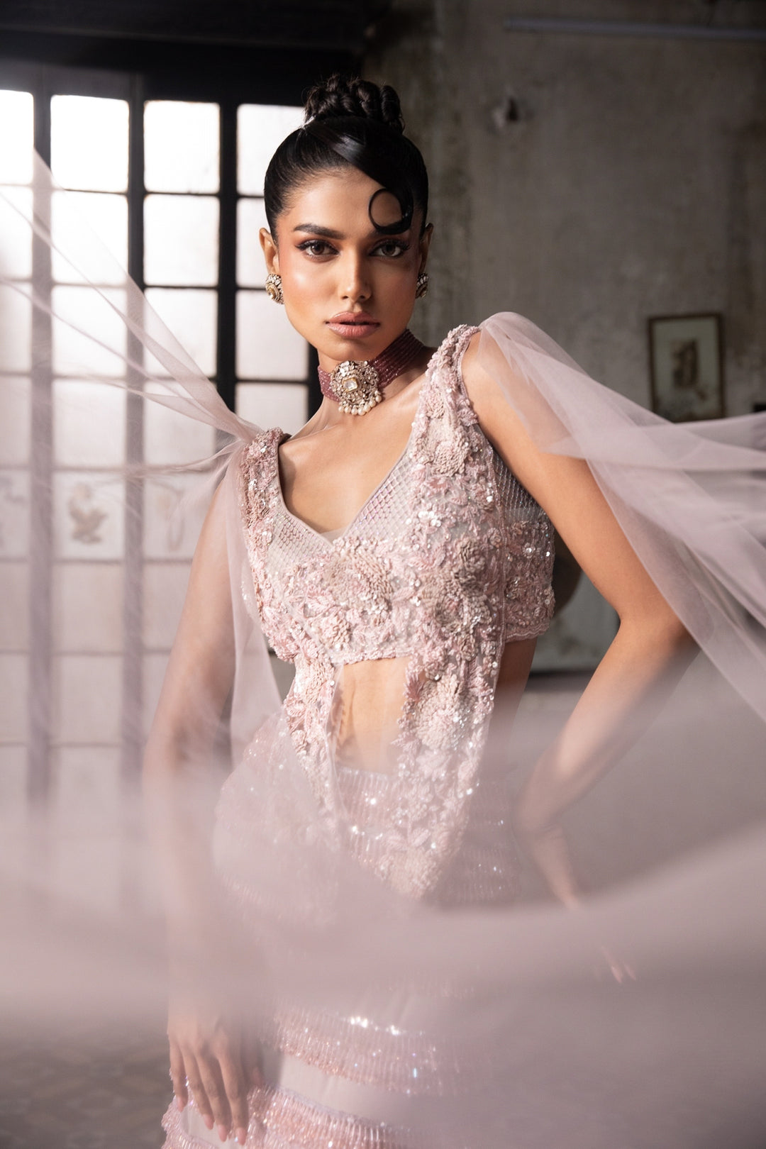 Old Rose Crystal Embellished Skirt With Draped Blouse