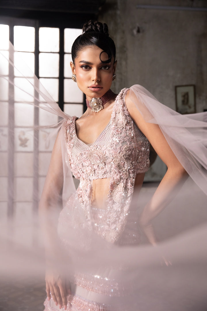 Old Rose Crystal Embellished Skirt With Draped Blouse