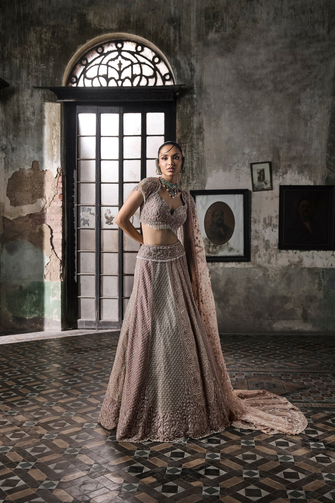 Multicolor Lehenga With Hand Embroidered Blouse And Tulle Veil