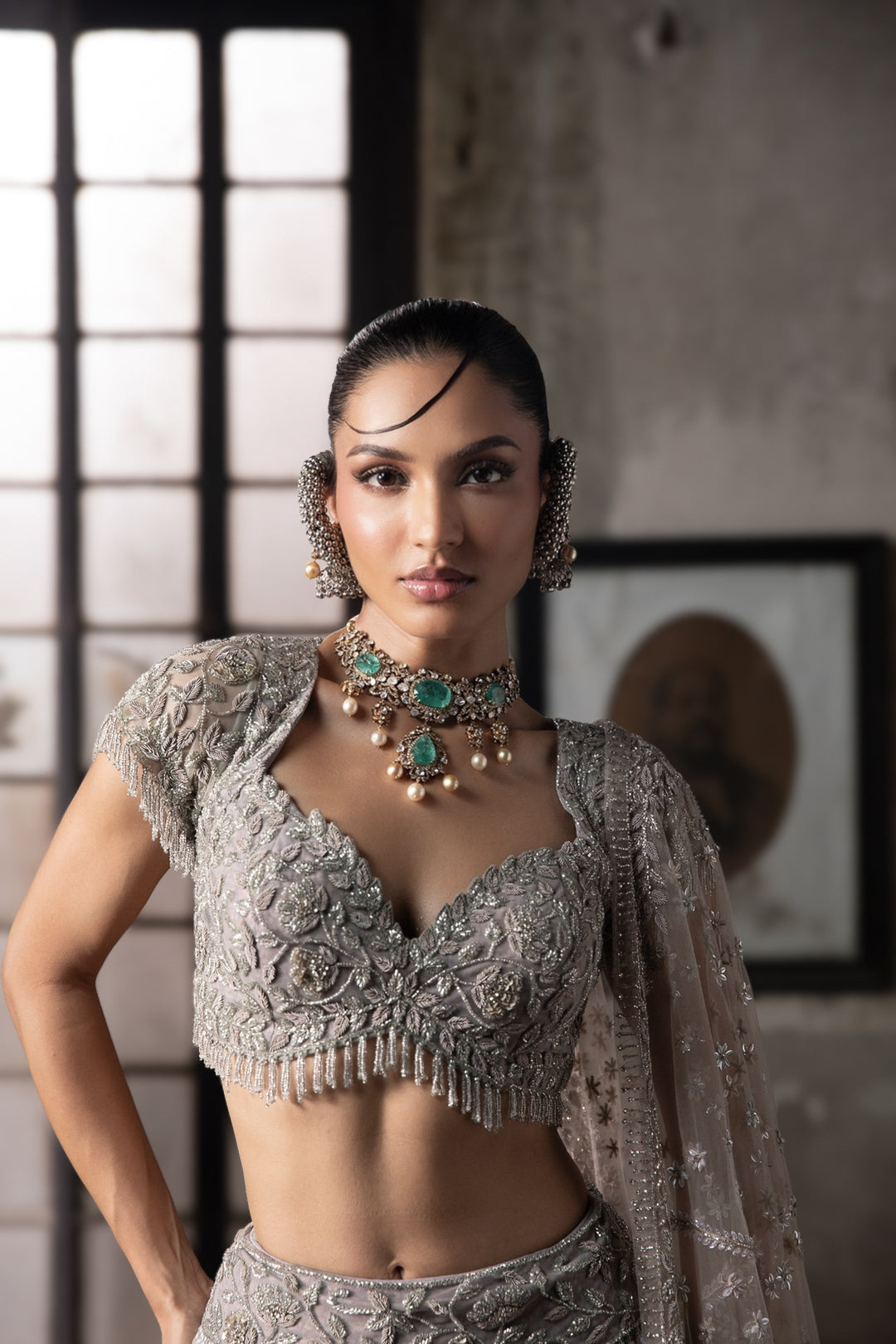 Multicolor Lehenga With Hand Embroidered Blouse And Tulle Veil