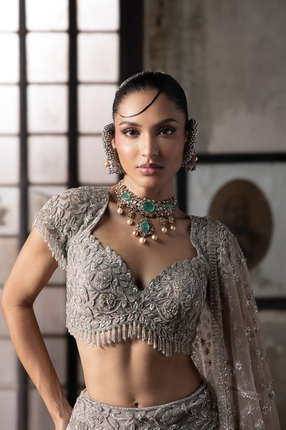 Multicolor Lehenga With Hand Embroidered Blouse And Tulle Veil