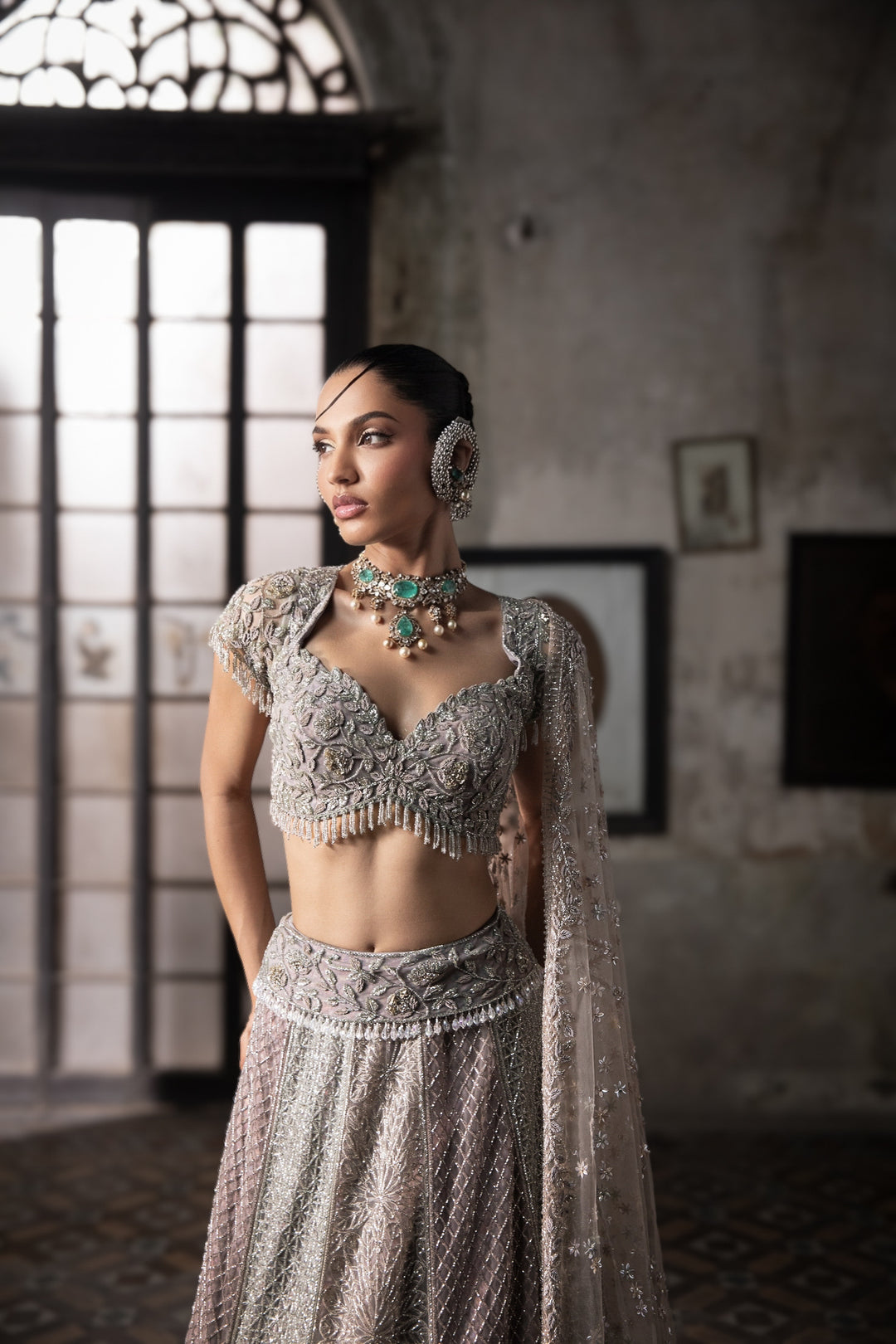 Multicolor Lehenga With Hand Embroidered Blouse And Tulle Veil