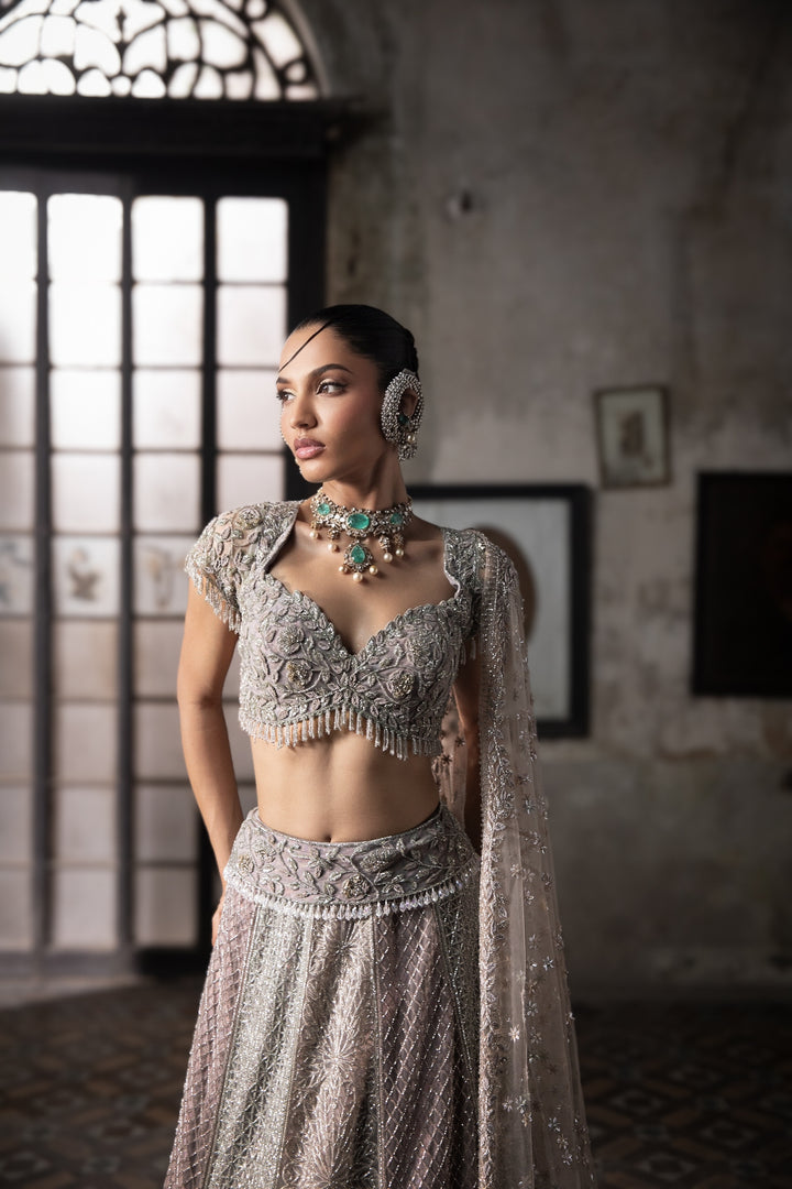 Multicolor Lehenga With Hand Embroidered Blouse And Tulle Veil