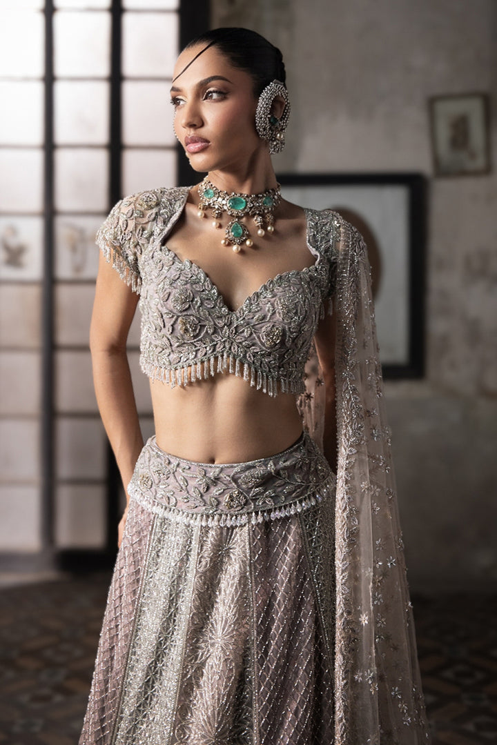 Multicolor Lehenga With Hand Embroidered Blouse And Tulle Veil