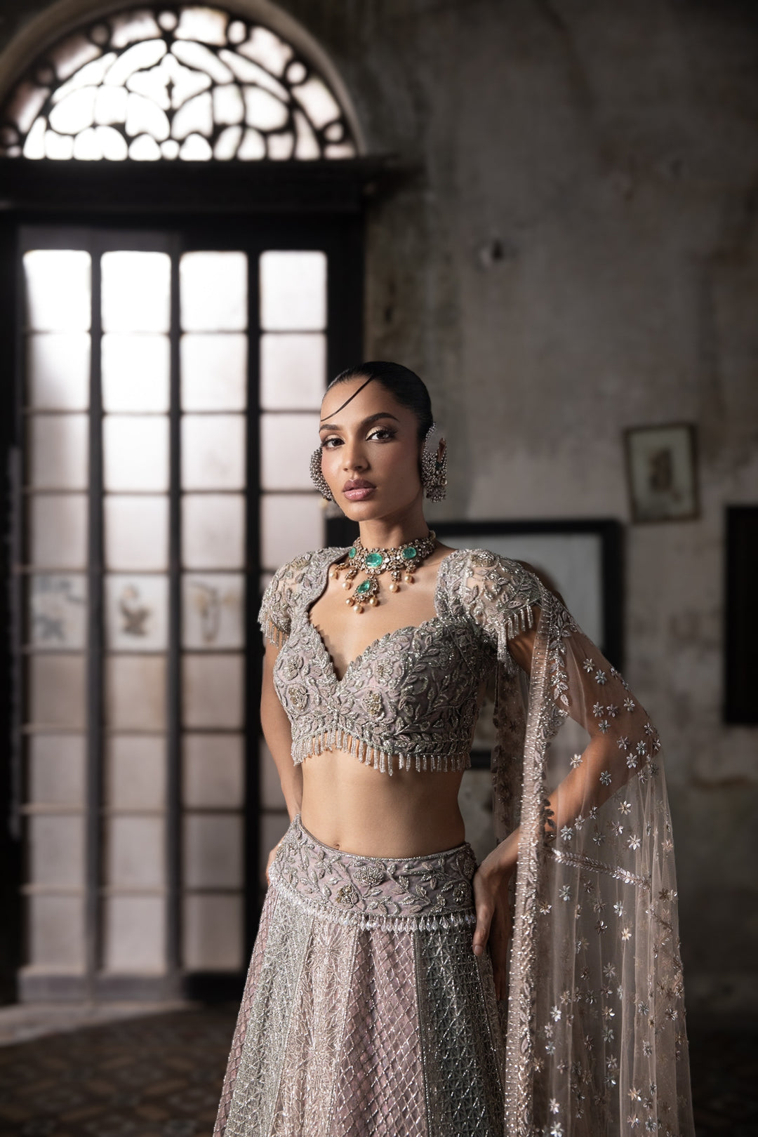 Multicolor Lehenga With Hand Embroidered Blouse And Tulle Veil