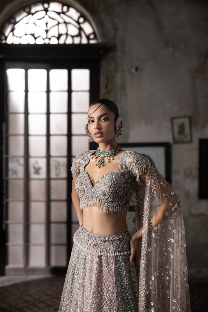Multicolor Lehenga With Hand Embroidered Blouse And Tulle Veil