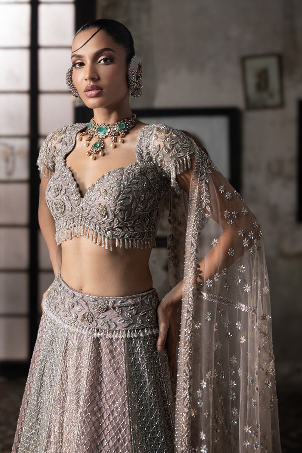 Multicolor Lehenga With Hand Embroidered Blouse And Tulle Veil