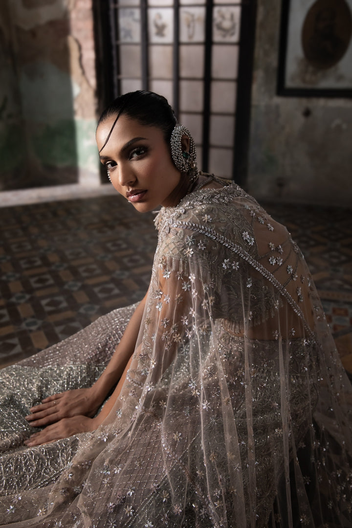 Multicolor Lehenga With Hand Embroidered Blouse And Tulle Veil