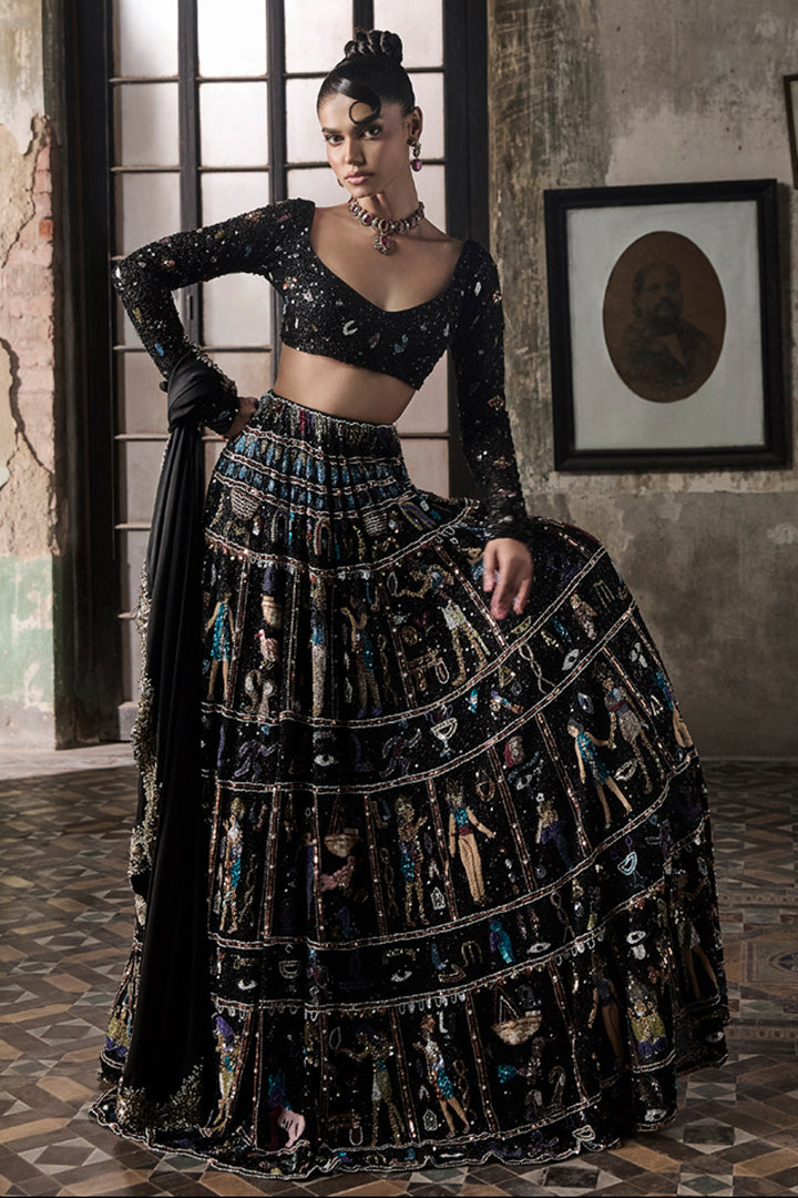 Black Georgette Lehenga Set With Egyptian Motifs
