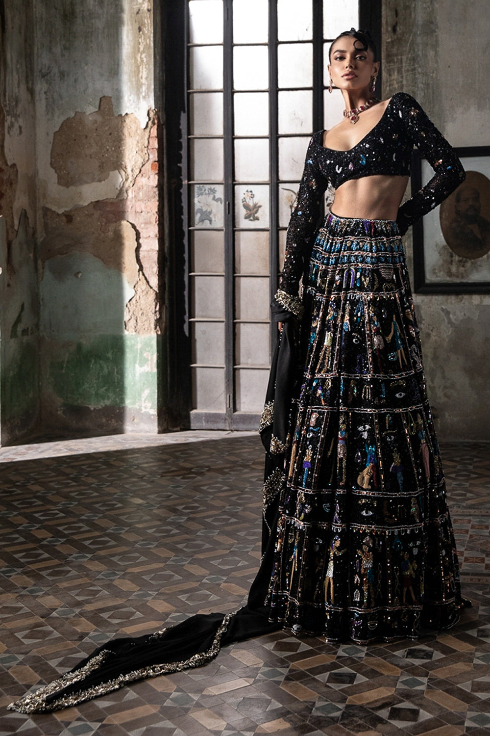 Black Georgette Lehenga Set With Egyptian Motifs