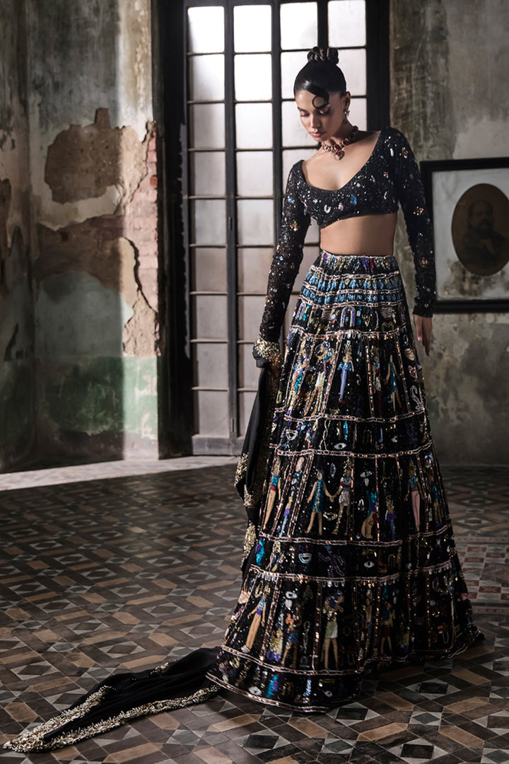 Black Georgette Lehenga Set With Egyptian Motifs
