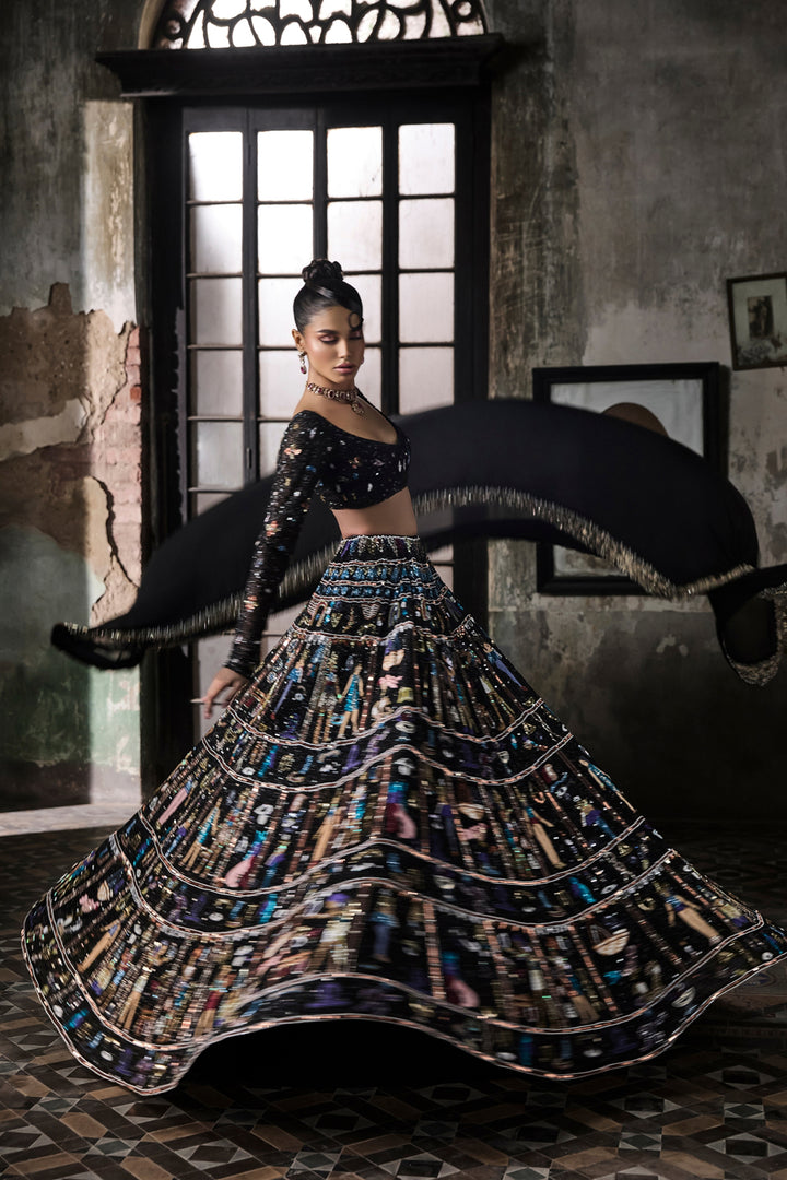 Black Georgette Lehenga Set With Egyptian Motifs