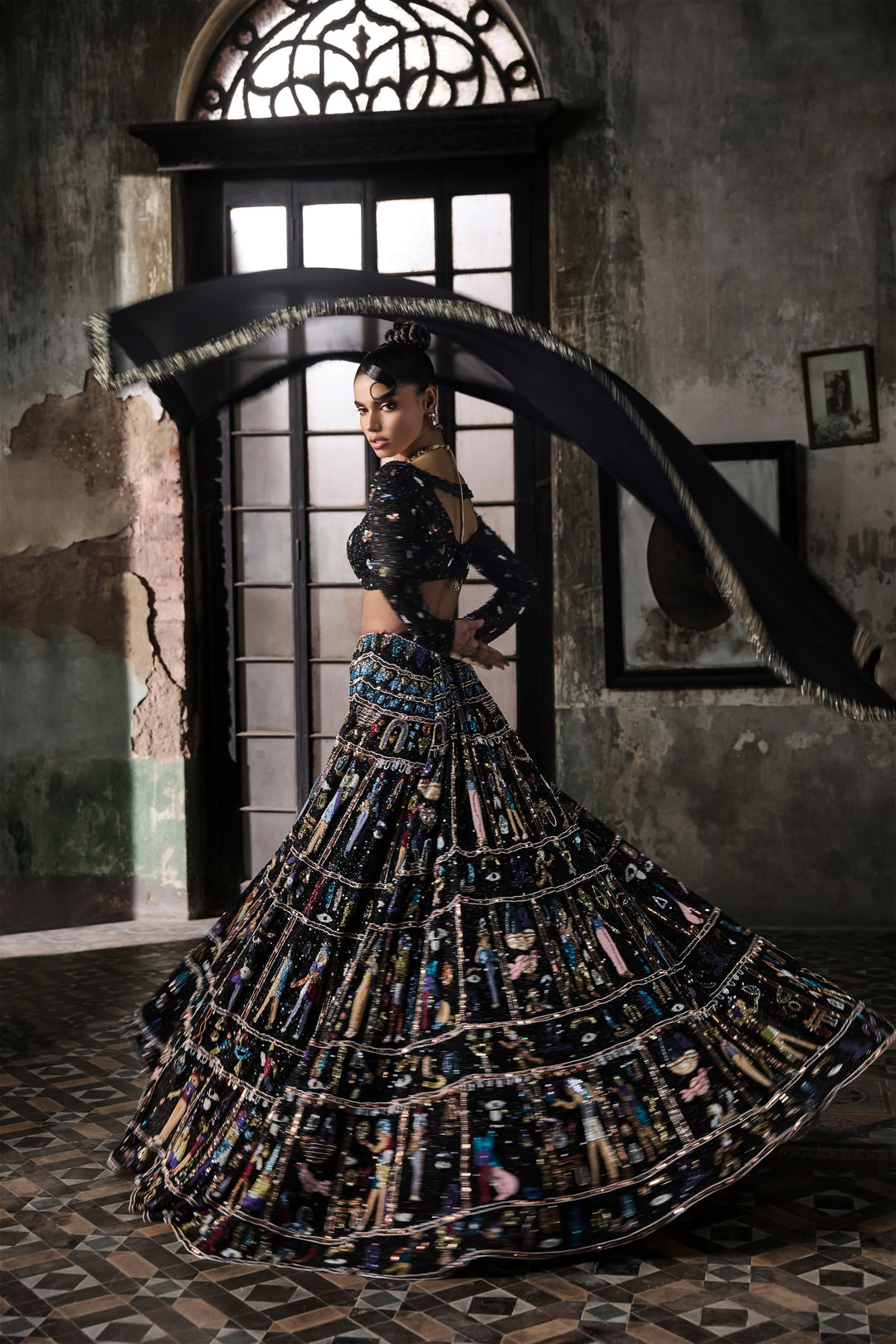 Black Georgette Lehenga Set With Egyptian Motifs