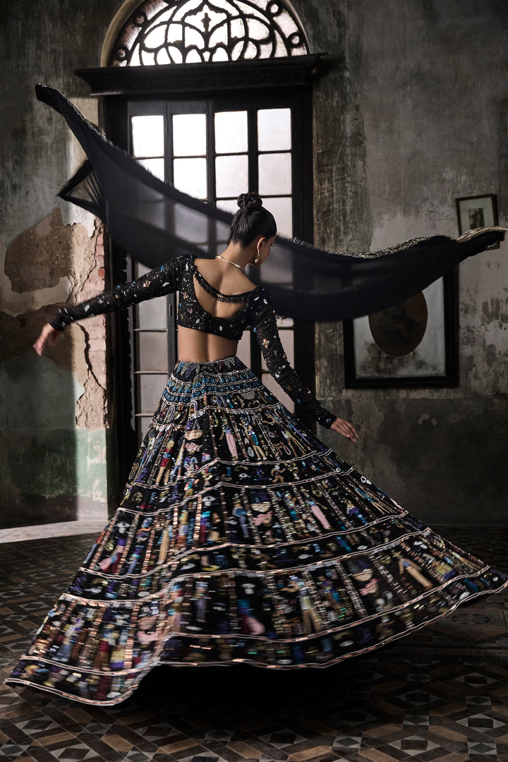 Black Georgette Lehenga Set With Egyptian Motifs