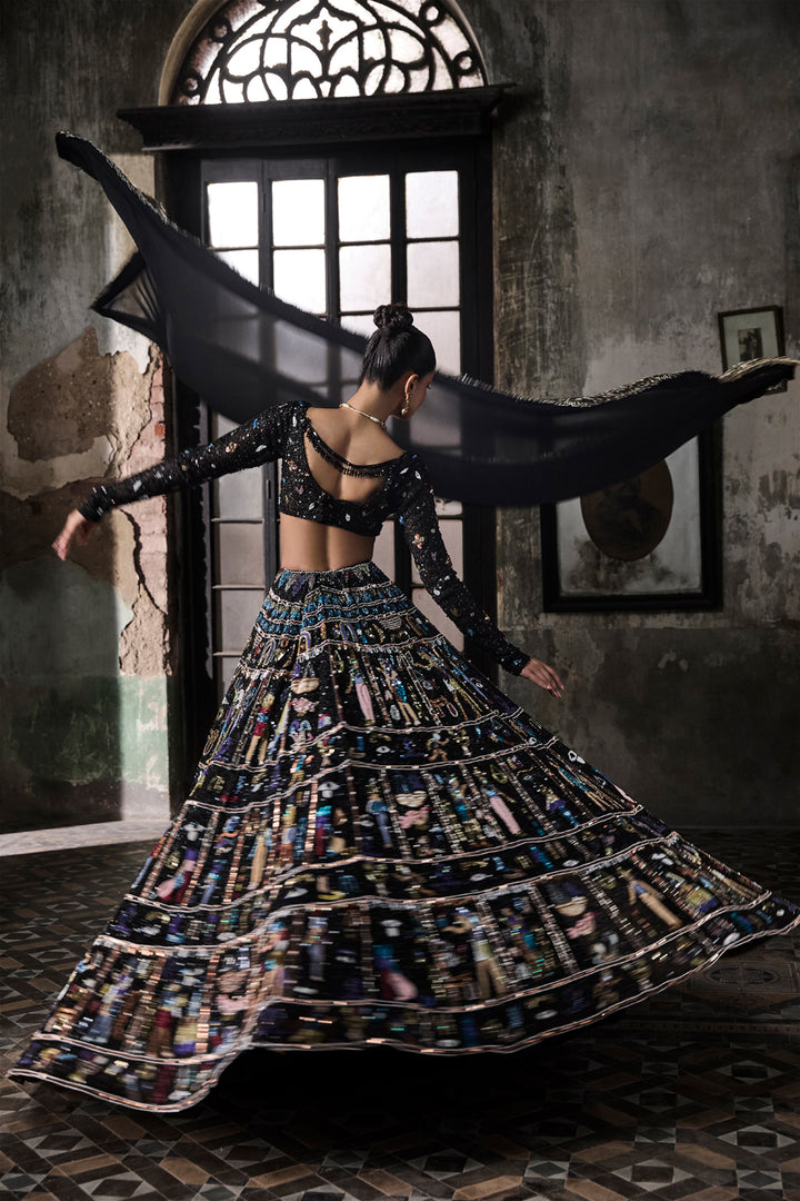 Black Georgette Lehenga Set With Egyptian Motifs