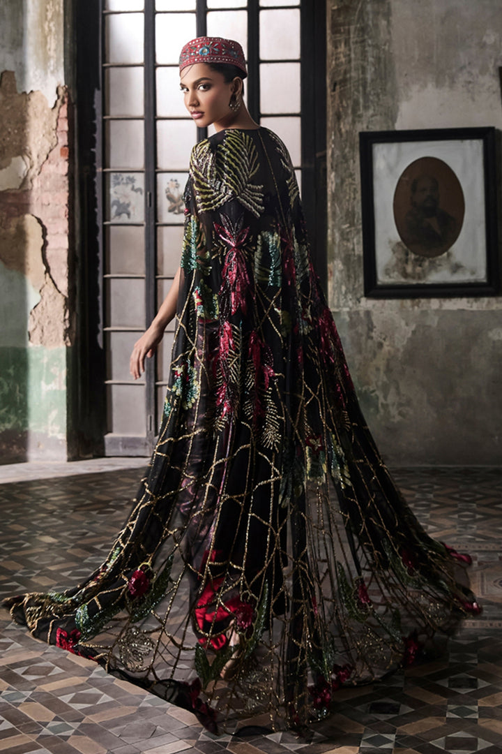 Black Foil Drape Saree With Hand Embroidered Cape And Blouse (Pre-stitched)