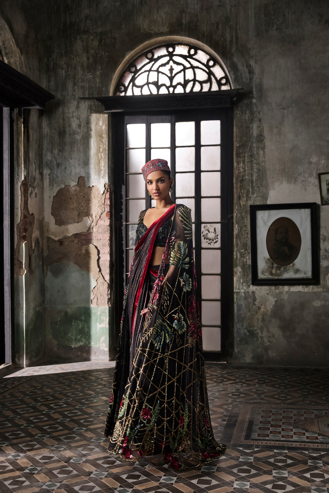 Black Foil Pre-stitched Drape Saree With Hand Embroidered Cape And Blouse