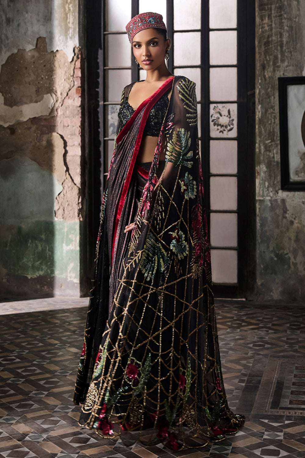 Black Foil Drape Saree With Hand Embroidered Cape And Blouse (Pre-stitched)