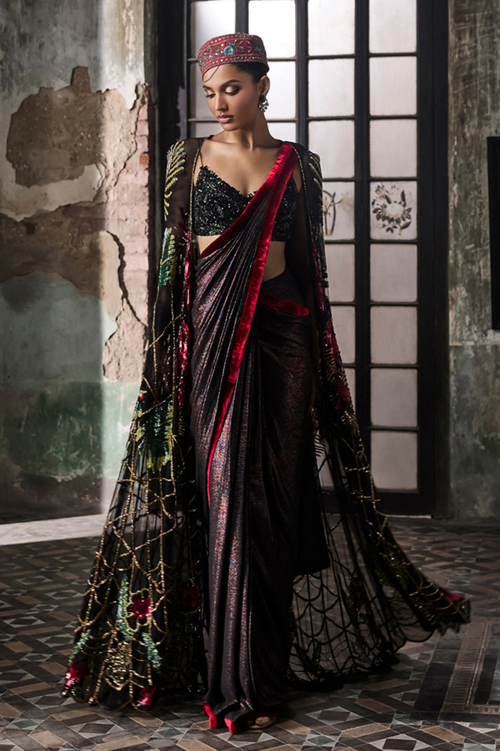 Black Foil Drape Saree With Hand Embroidered Cape And Blouse (Pre-stitched)